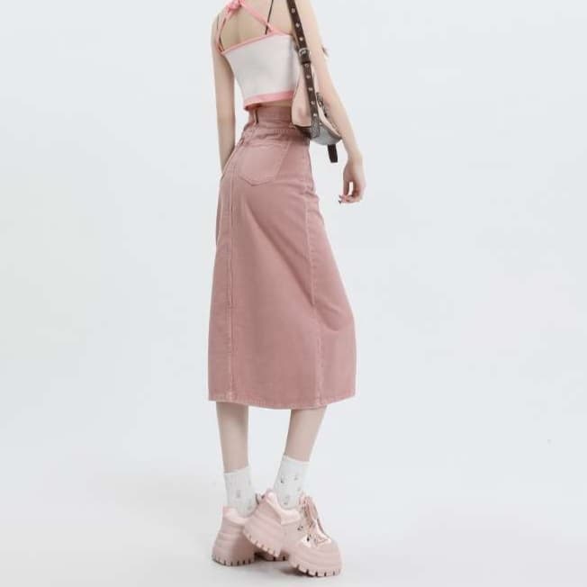 スリットスカート レトロな女性らしさあふれるデニムロングスカート スリット入りスカート