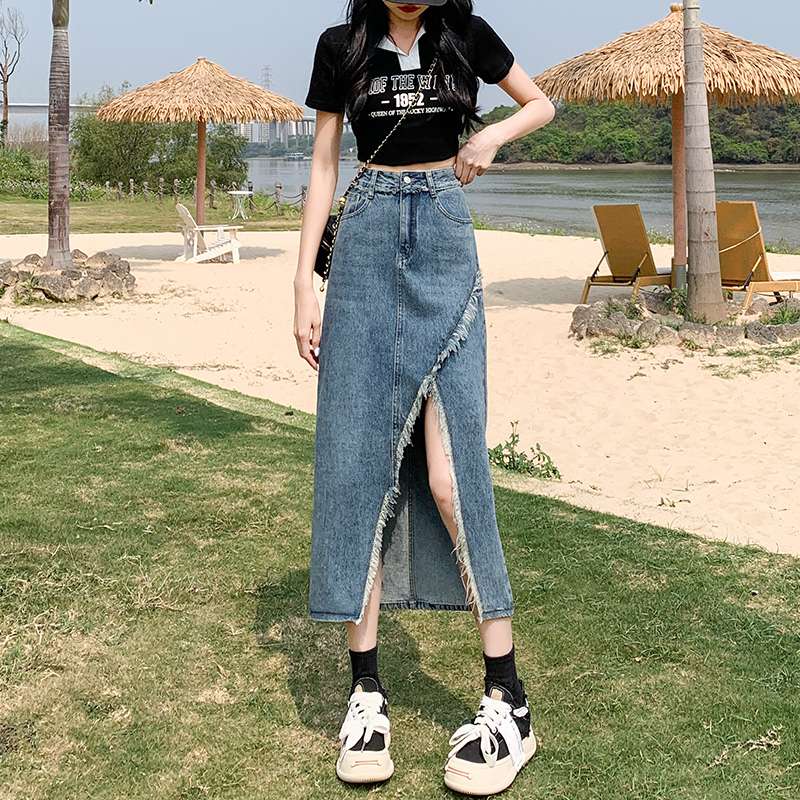 スリットスカート 房飾り付きサイドスリットロングデニムスカート