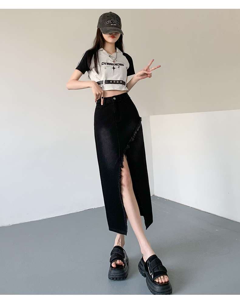 スリットスカート 房飾り付きサイドスリットロングデニムスカート