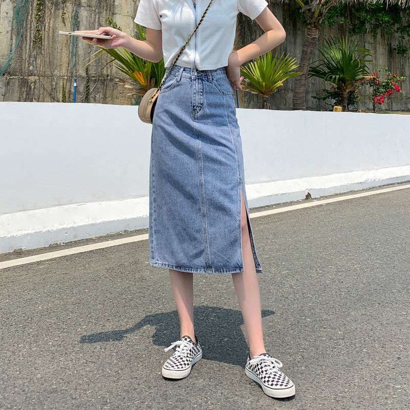 スリットスカート 大人女子のスリットデニムロングスカート