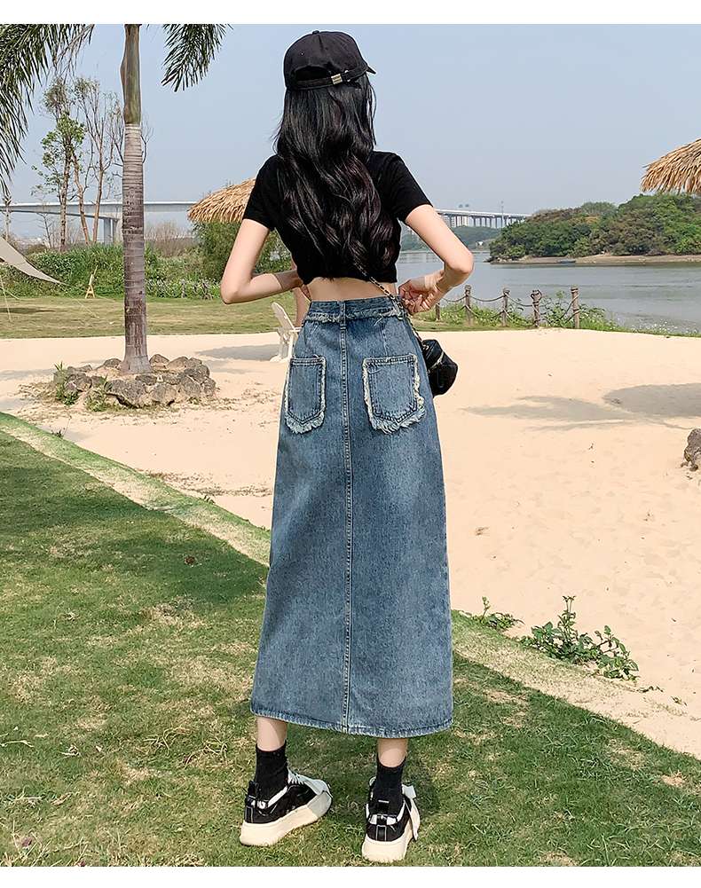 スリットスカート 房飾り付きサイドスリットロングデニムスカート