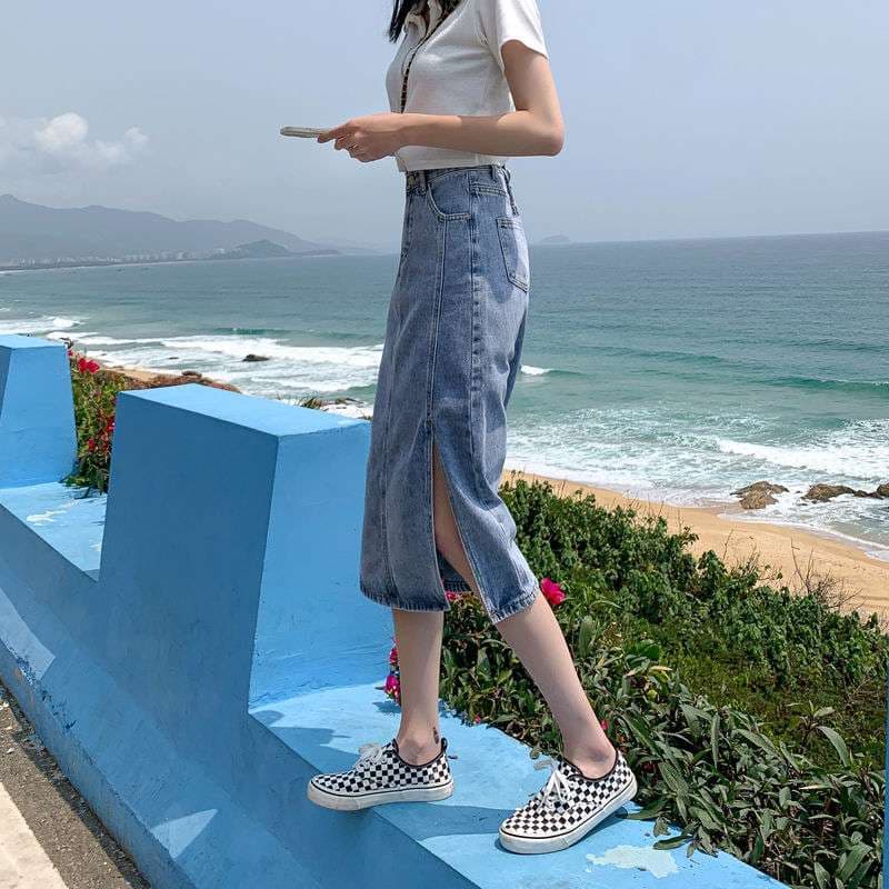 スリットスカート 大人女子のスリットデニムロングスカート