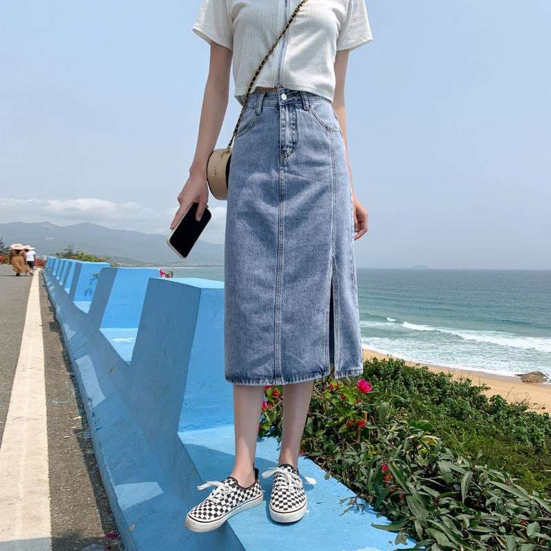 スリットスカート 大人女子のスリットデニムロングスカート