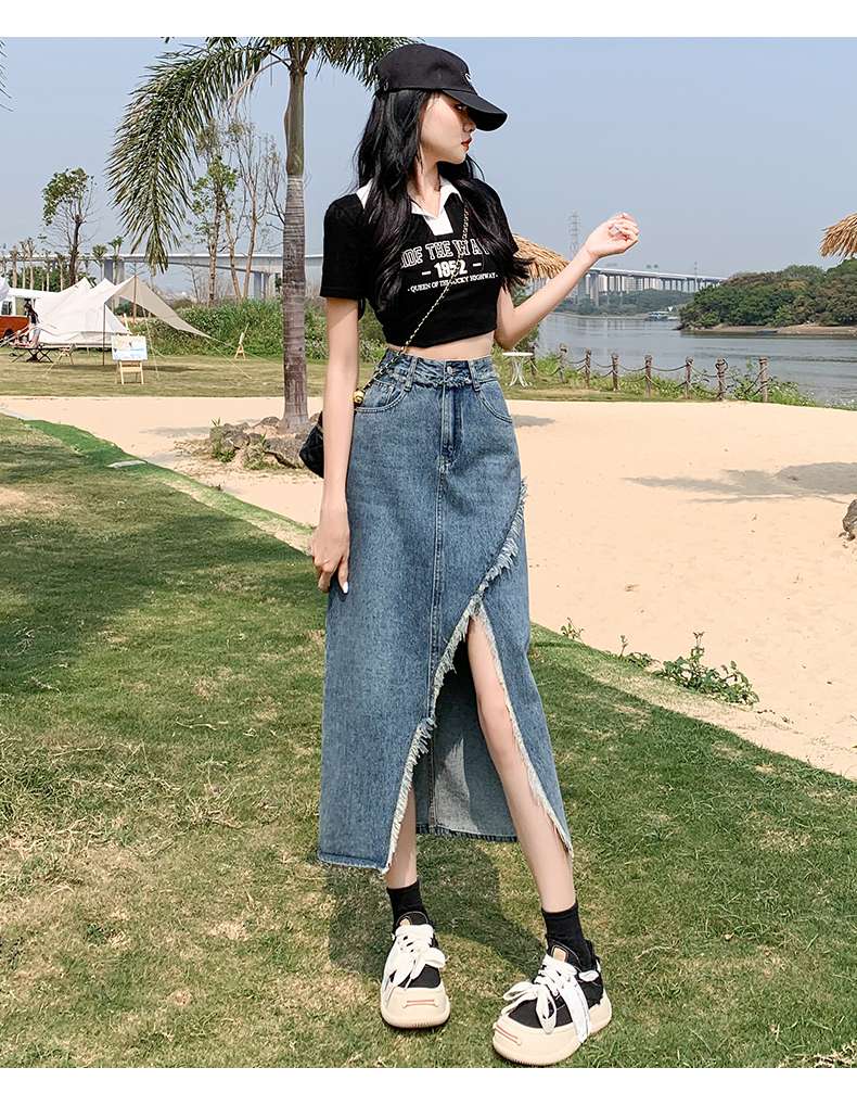 スリットスカート 房飾り付きサイドスリットロングデニムスカート