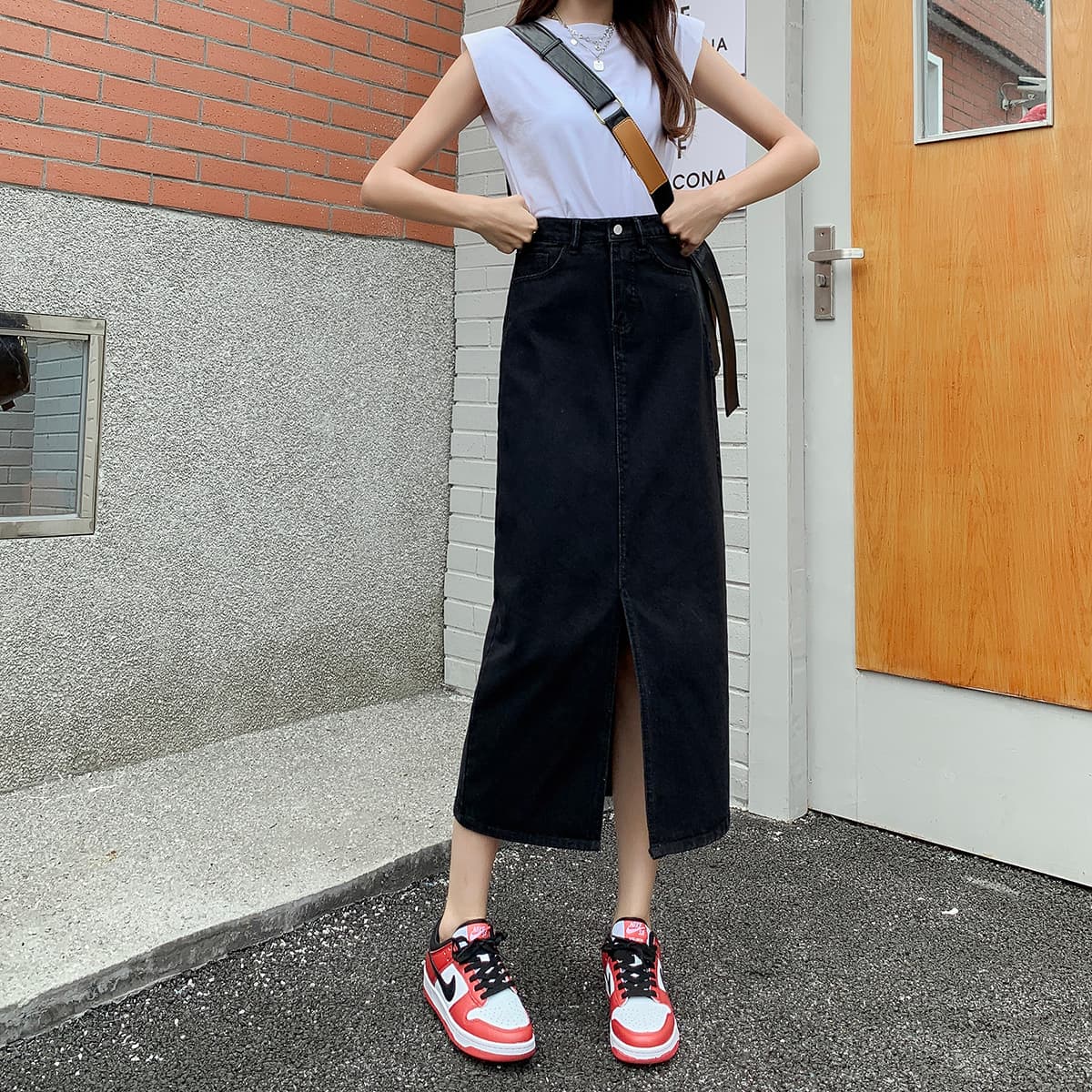 母親向け前開きデニムロングスリットスカート