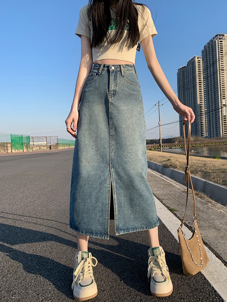 母親向け前開きデニムロングスリットスカート