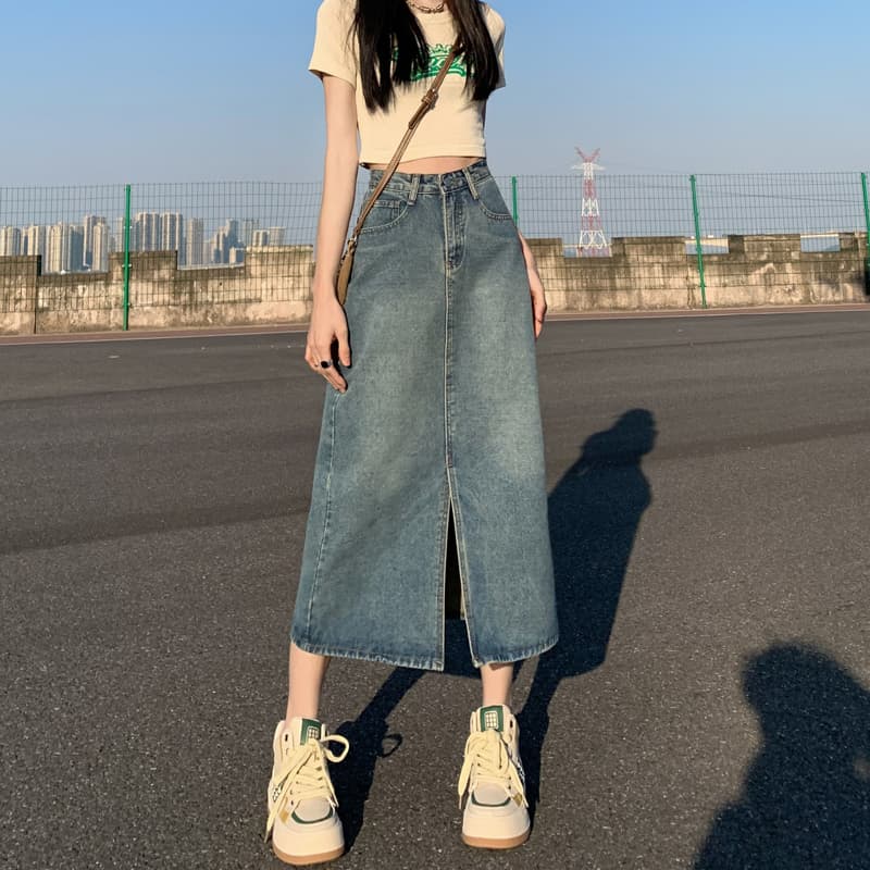 母親向け前開きデニムロングスリットスカート