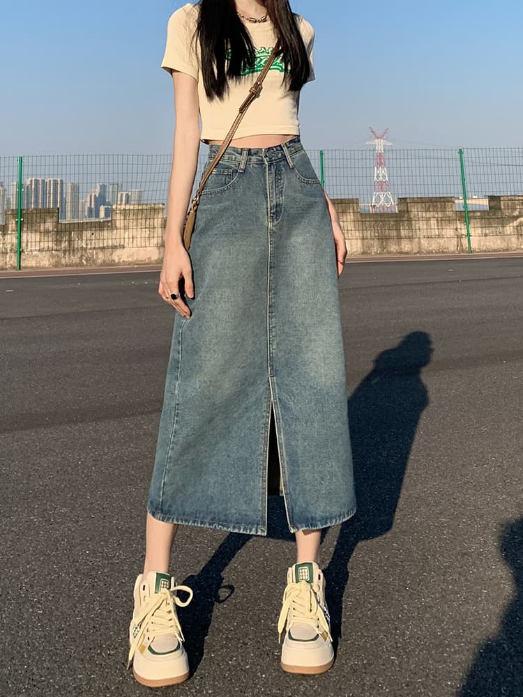 母親向け前開きデニムロングスリットスカート
