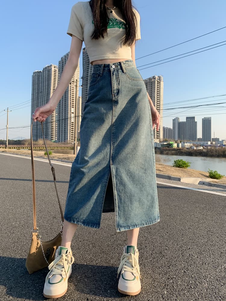 母親向け前開きデニムロングスリットスカート
