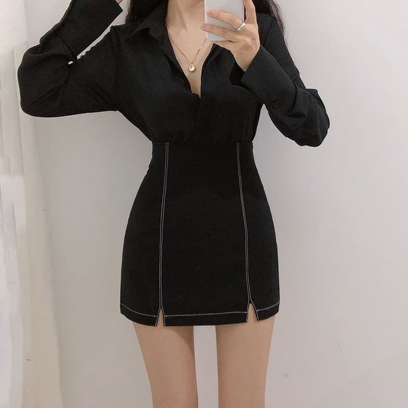 スリットスカート レザー調前スリット入りミニタイトスカート