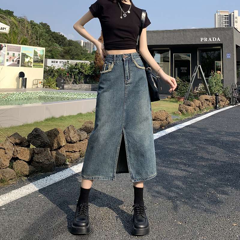 スリットスカート 古着風アシメスリットデニムスカート