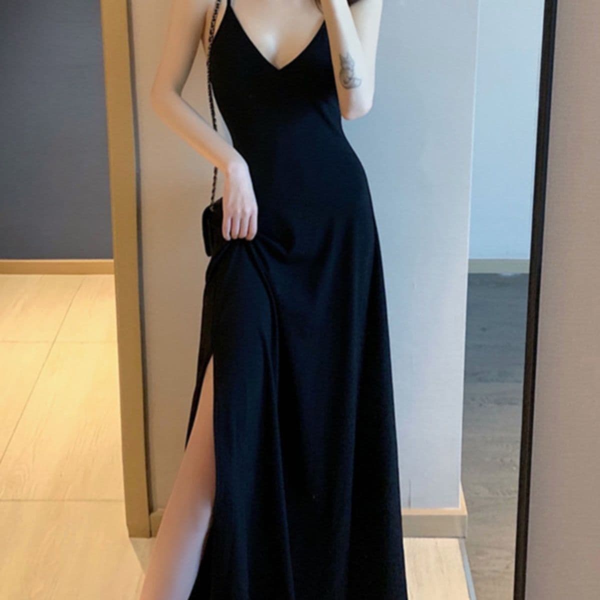 スリットスカート スリットスカート 深スリット優美キャミソールワンピース