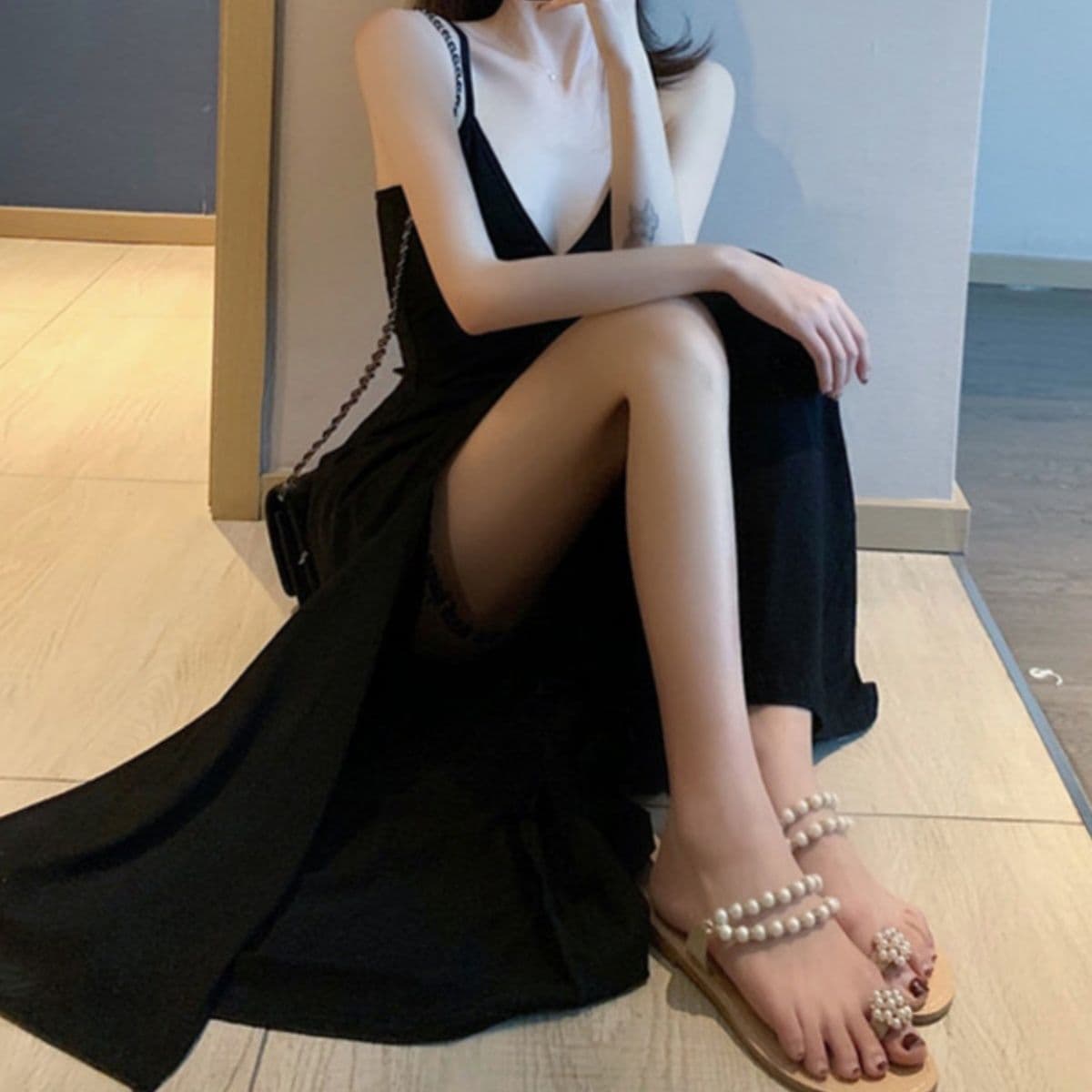 スリットスカート スリットスカート 深スリット優美キャミソールワンピース