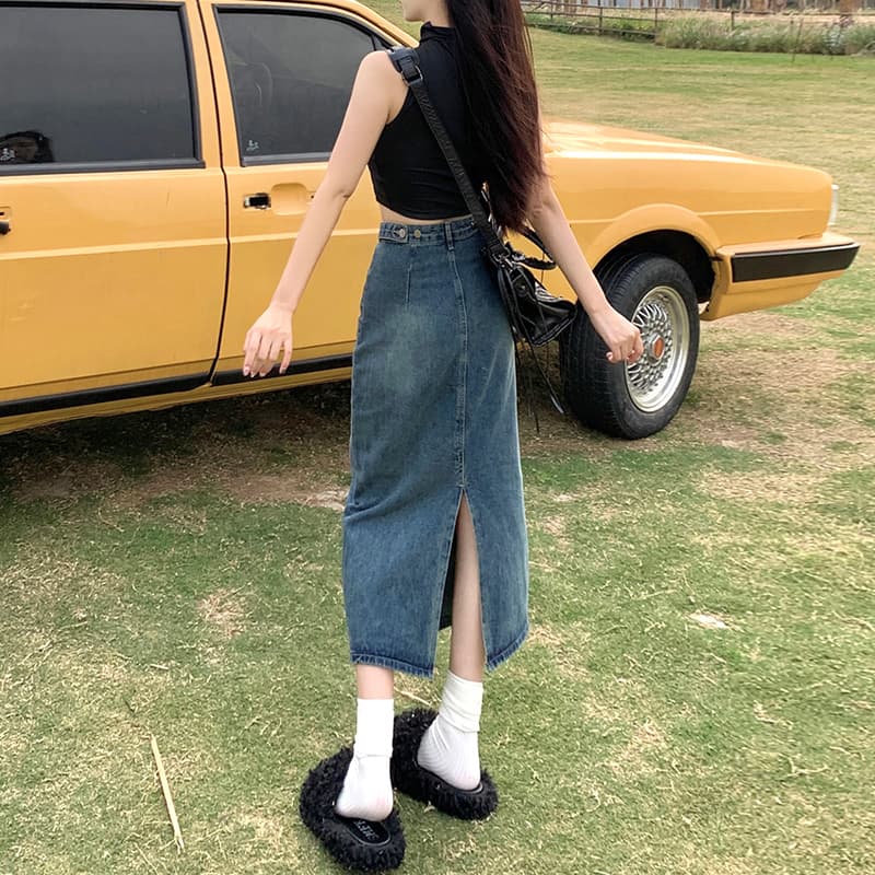 スリットスカート バックスリット入り デニムロングスカート
