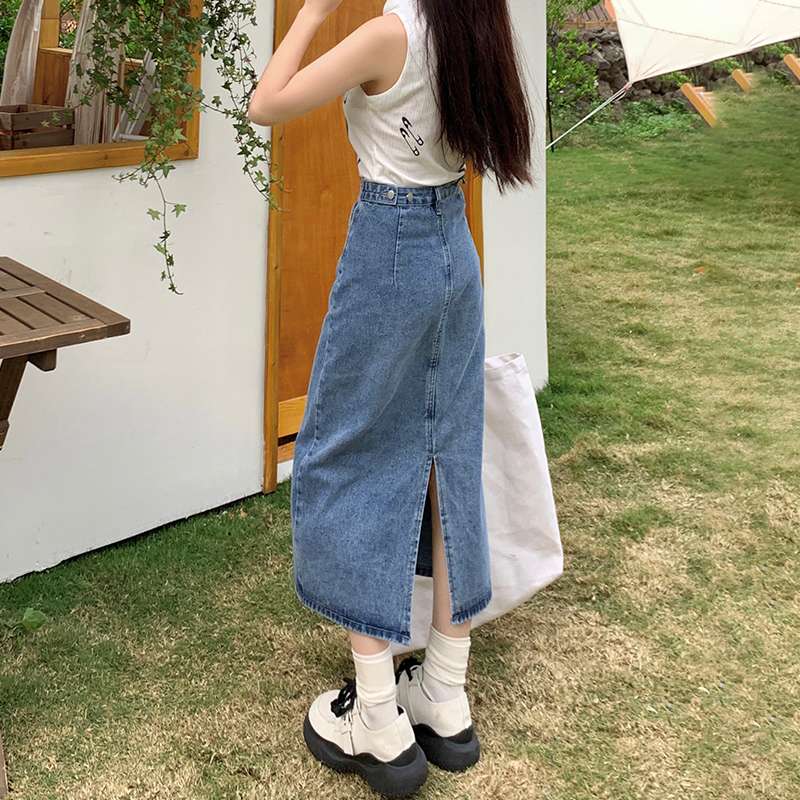 復古風ハイウエストロングデニムスリットスカート