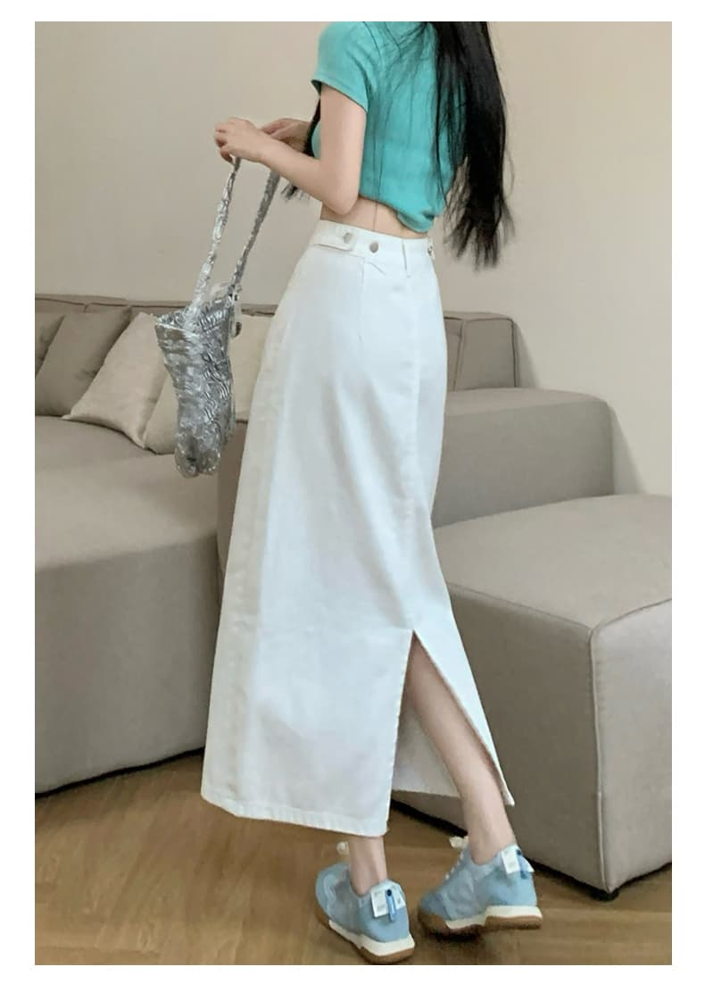 復古風ハイウエストロングデニムスリットスカート