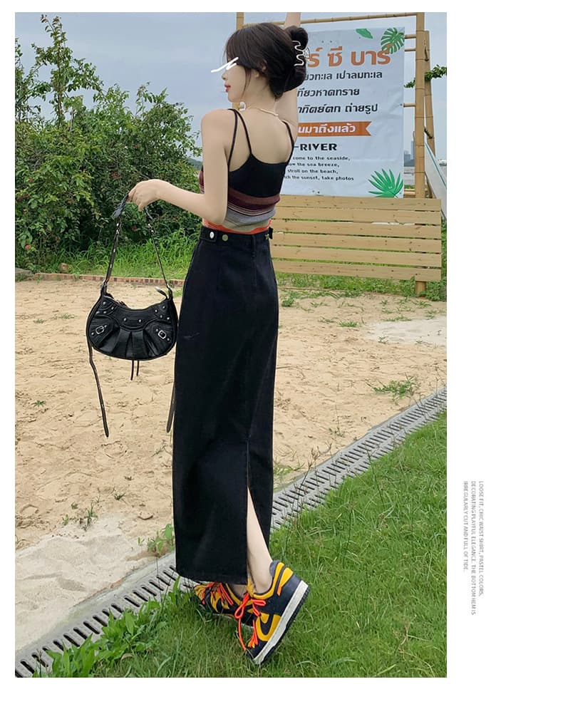 復古風ハイウエストロングデニムスリットスカート
