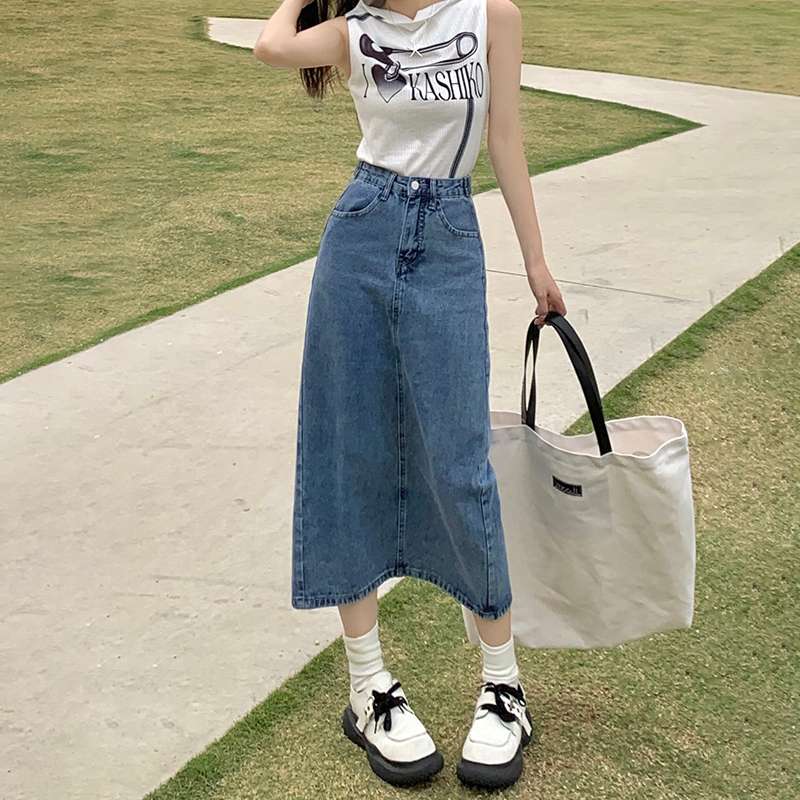 復古風ハイウエストロングデニムスリットスカート