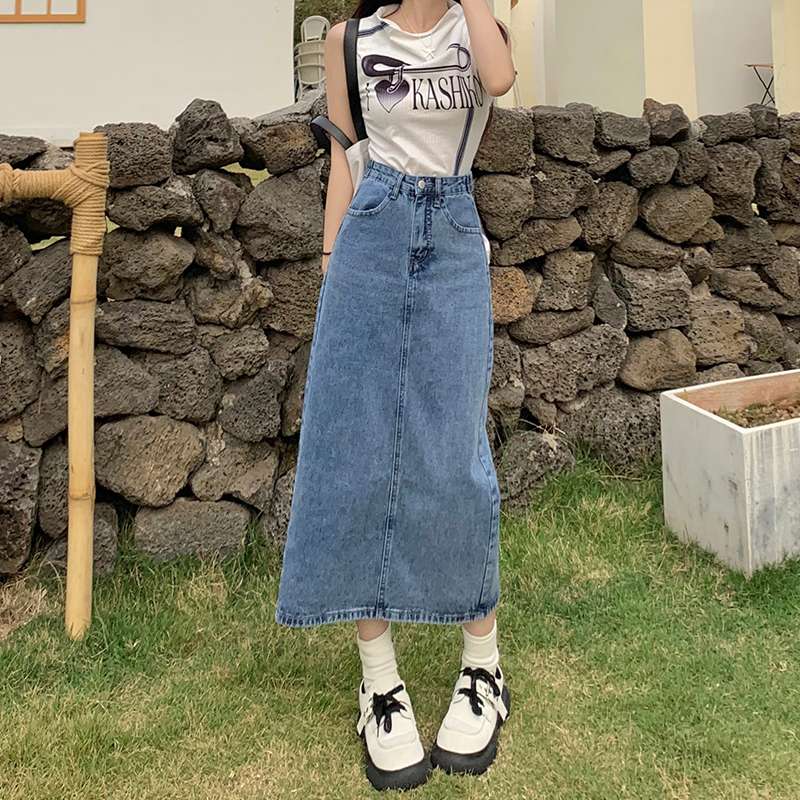 復古風ハイウエストロングデニムスリットスカート