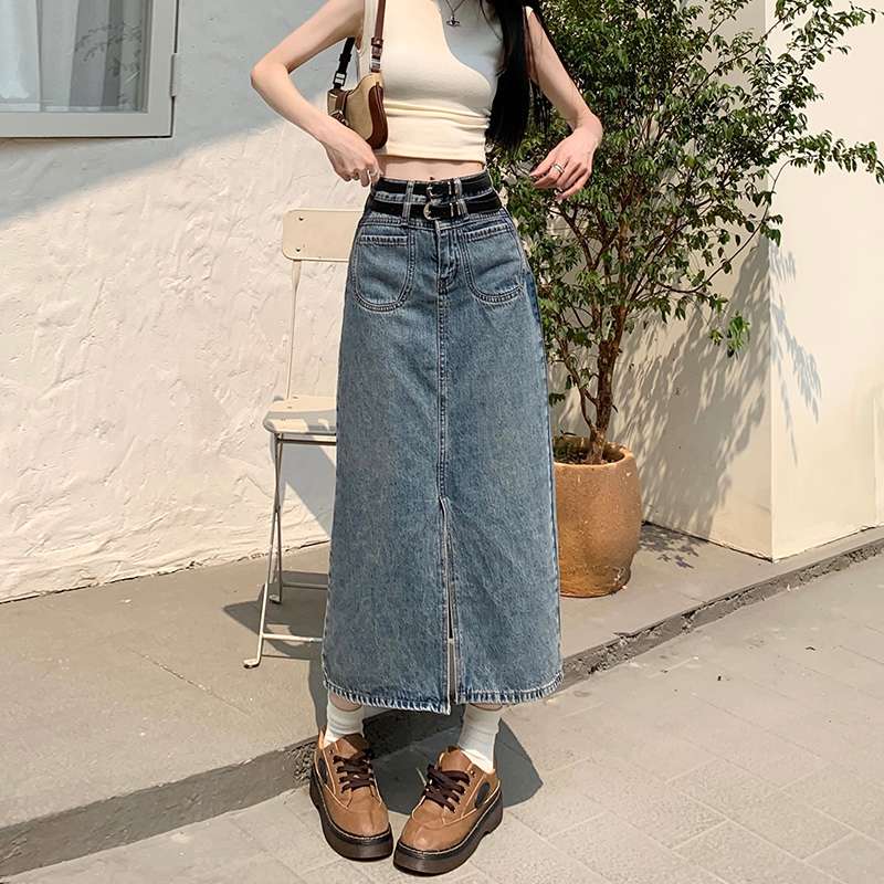古着風ロング丈デニムスリットスカート