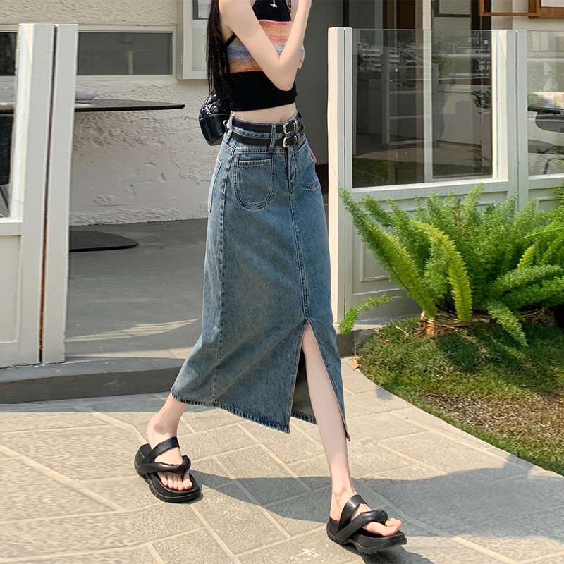古着風ロング丈デニムスリットスカート