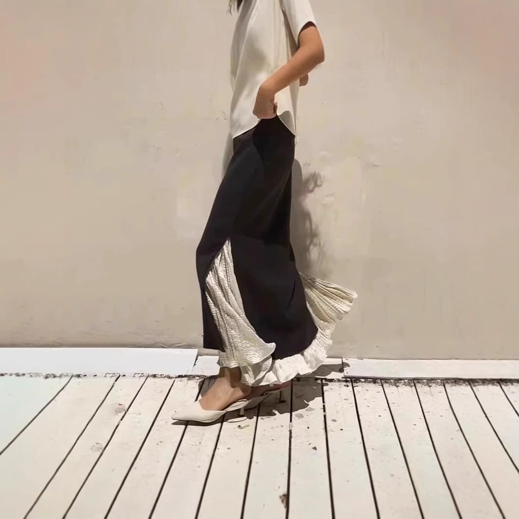 スリットスカート 優美なコントラスト プリーツスリットスカート