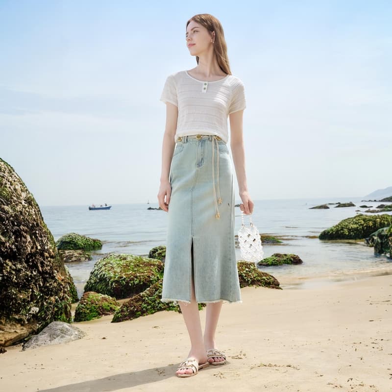 スリットスカート デニム風フロントスリットロングスカート