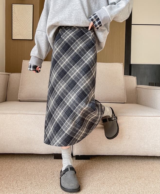 スリットスカート チェック柄ナロースカート