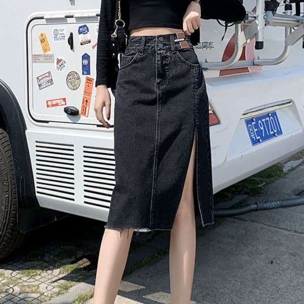 スリットスカート スリットスカート 縦ラインスリットデニムスカート