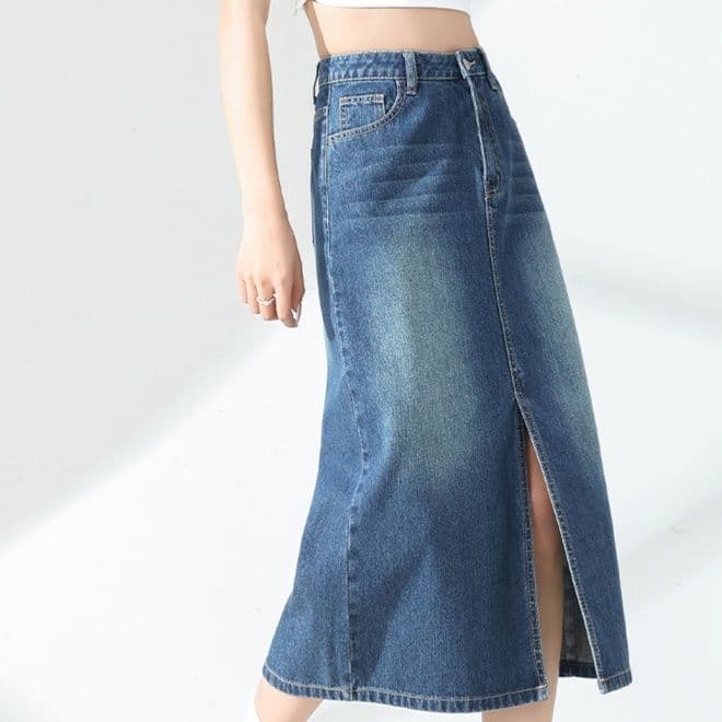 スリットスカート スリットスカート 高腰Aライン前スリットデニムスカート