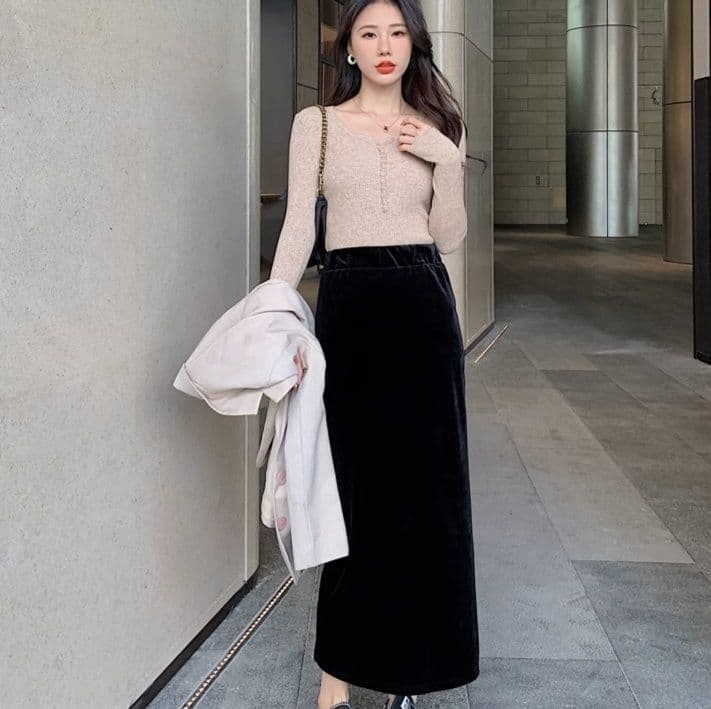 スリットスカート 優美ベロアスリットロングスカート