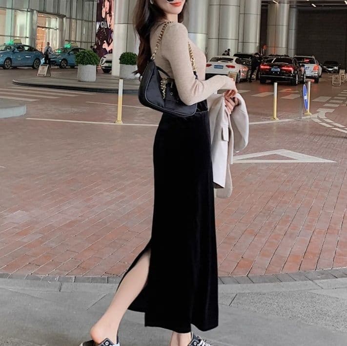 スリットスカート 優美ベロアスリットロングスカート