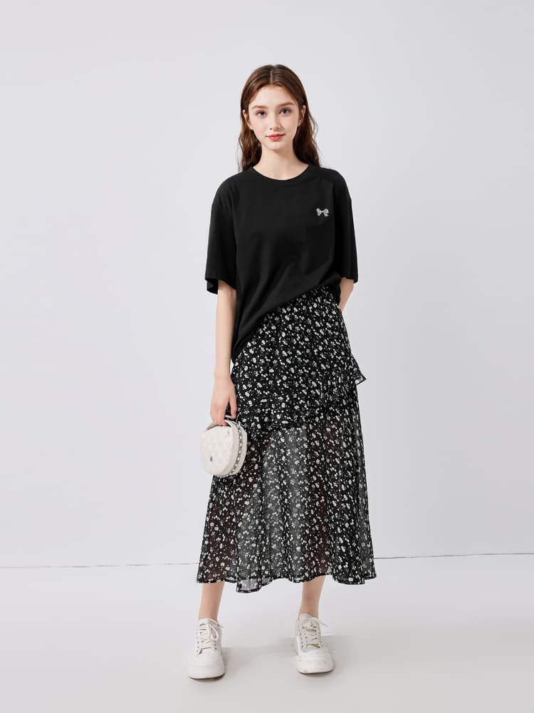 スリットスカート 花柄シフォン重ね層フレアロングスカート