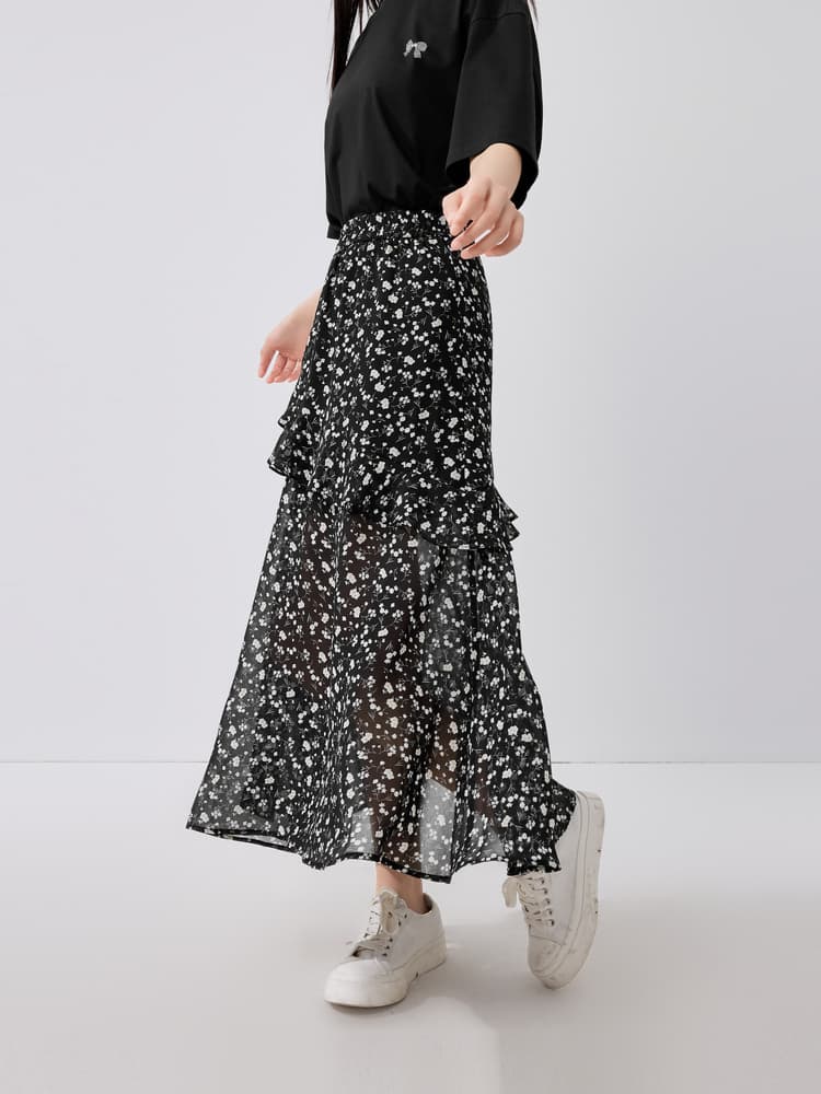 スリットスカート 花柄シフォン重ね層フレアロングスカート