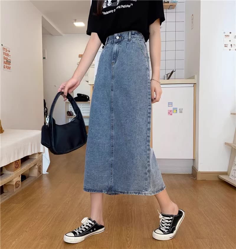 スリットスカート デニムロングスカート バックスリット 脚長効果 ヴィンテージ風