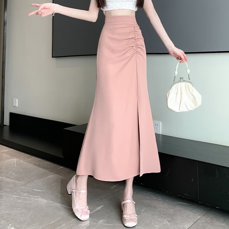 スリットスカート シャーリング脇スリットロングスカート