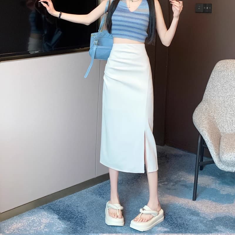 スリットスカート ハイウエストスリムプリーツスカート