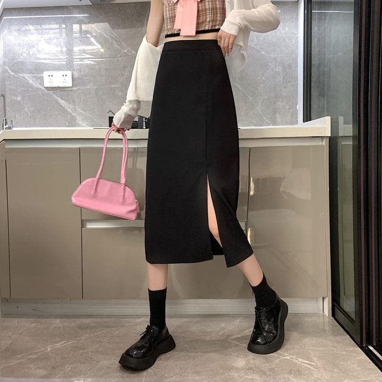 スリットスカート シンプルロングナロースリットスカート