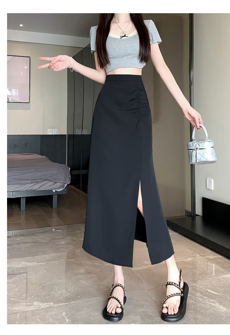 スリットスカート シャーリング脇スリットロングスカート
