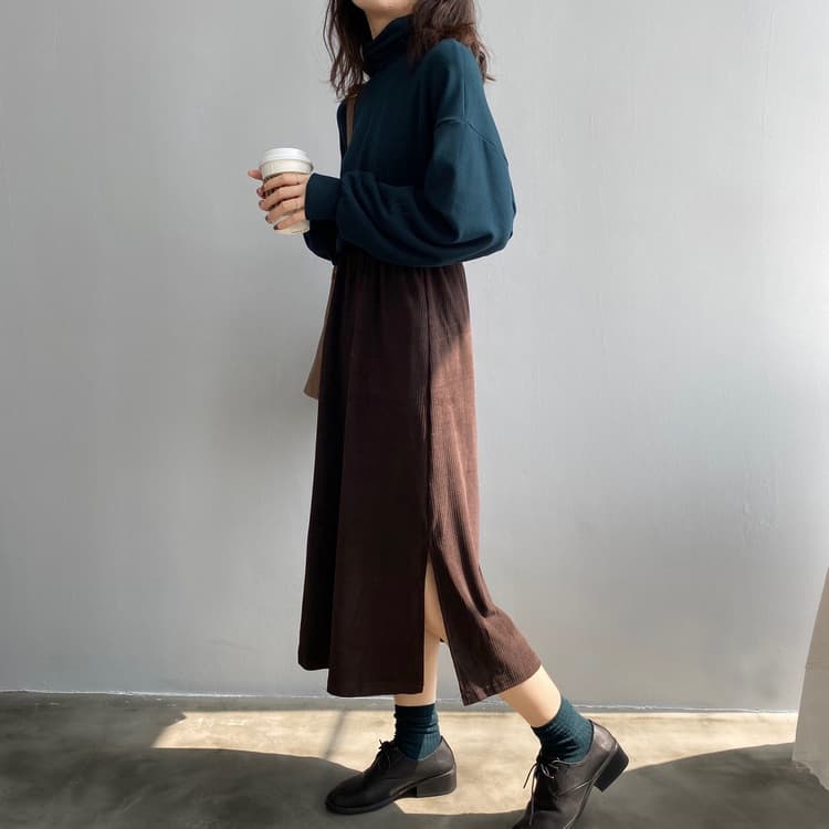 スリットスカート コーデュロイ調サイドスリットロングスカート