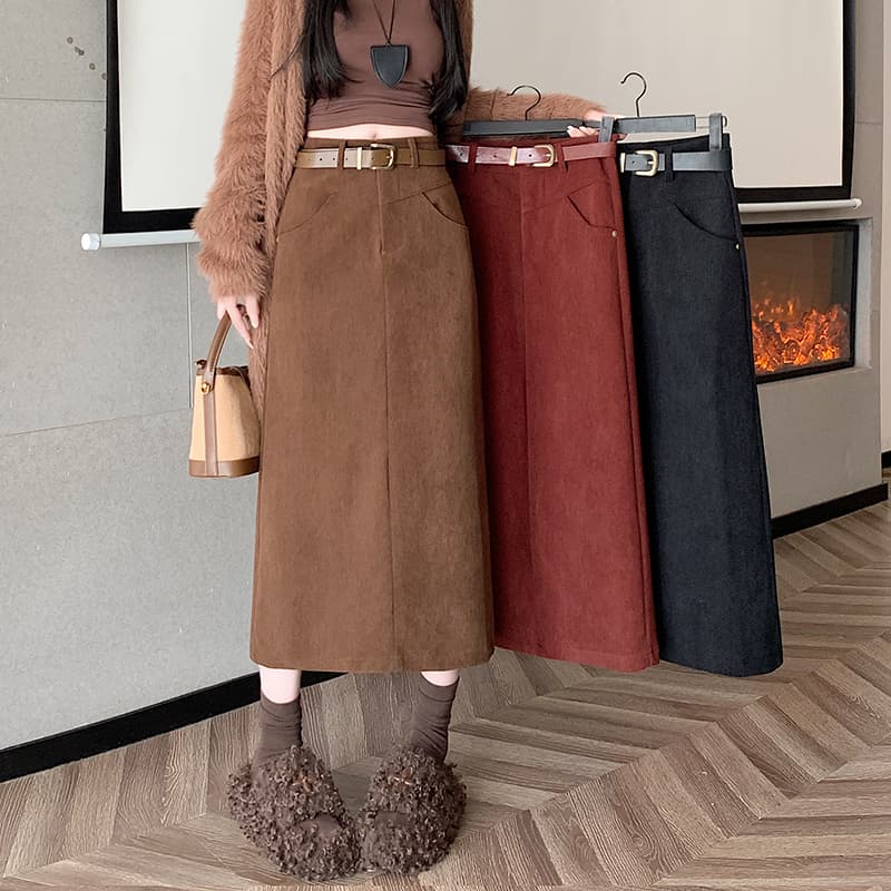スリットスカート シンプルベルト付きナロースカート
