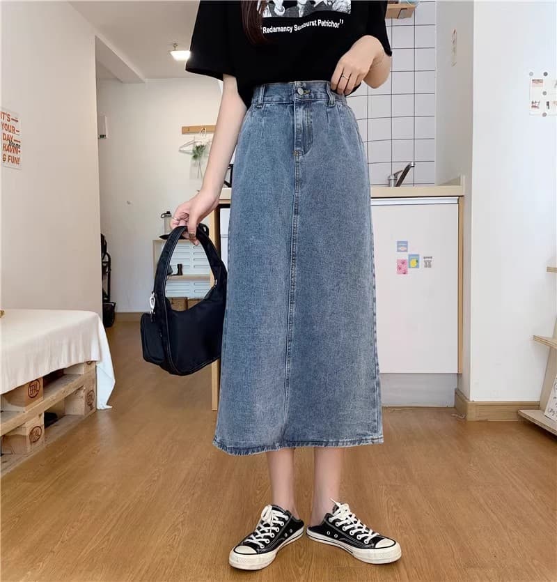 スリットスカート デニムロングスカート バックスリット 脚長効果 ヴィンテージ風