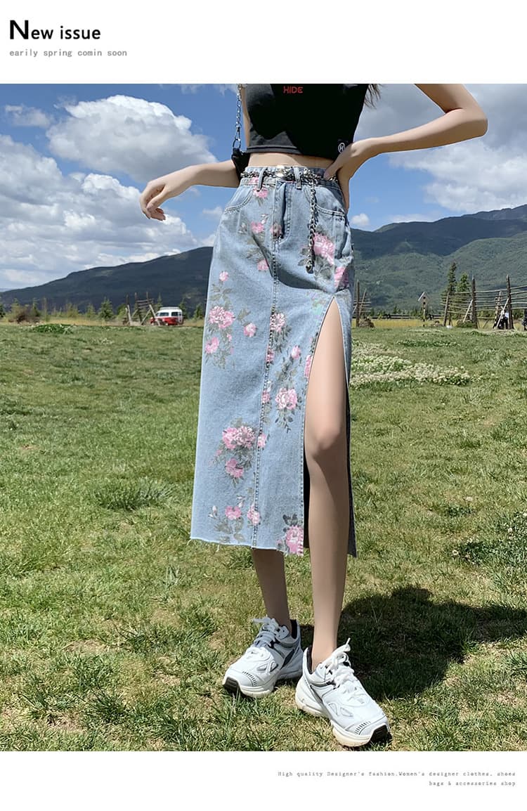 花柄デニムスリットスカート ミドル丈 大人可愛い