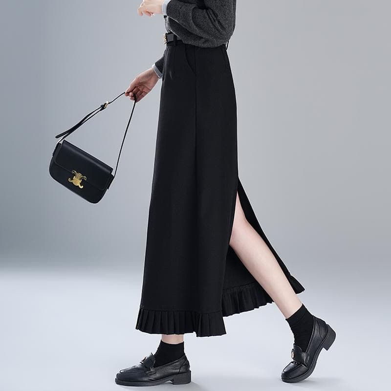 スリットスカート プリーツ裾飾り ロングスカート