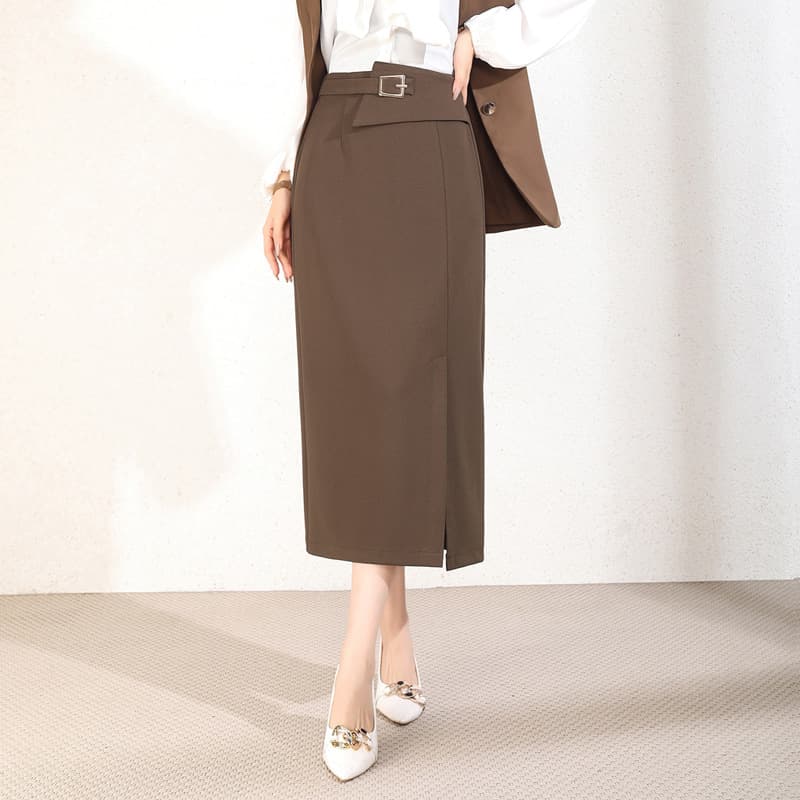 スリットスカート 上品シルエットベルトデザインスリットスカート