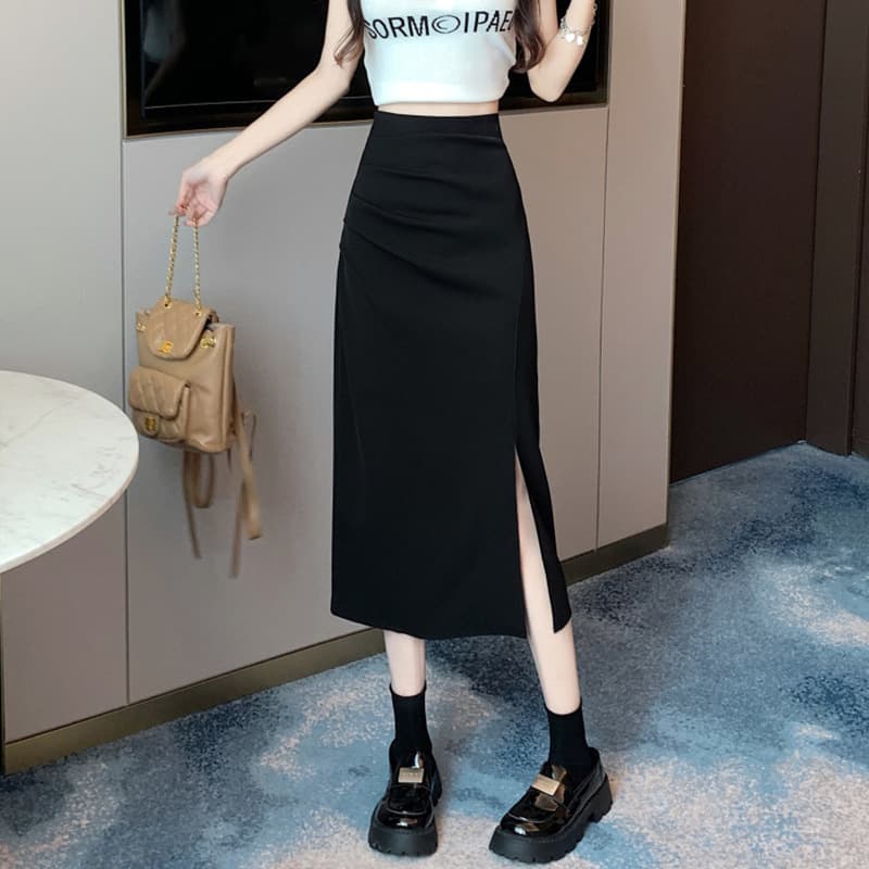 スリットスカート ハイウエストスリムプリーツスカート