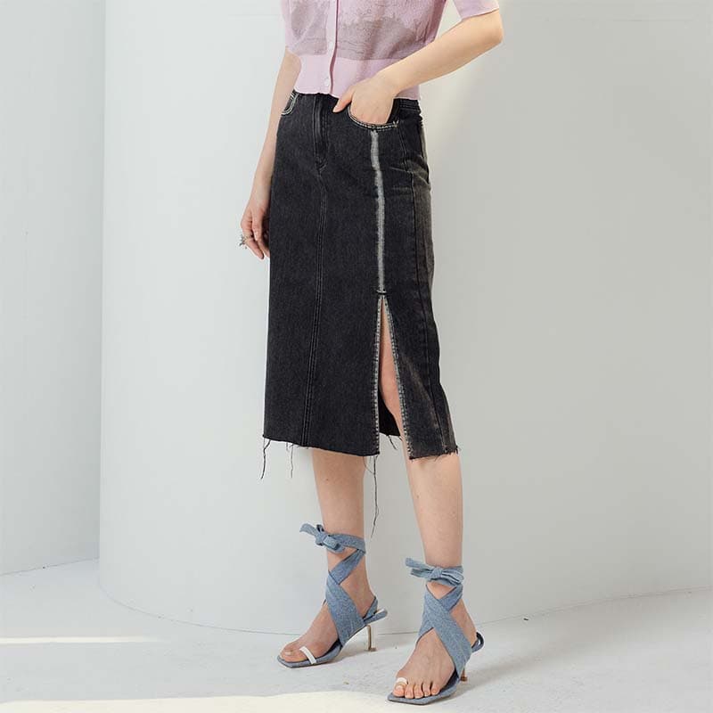 スリットスカート シンプルデニムスリットミモレスカート