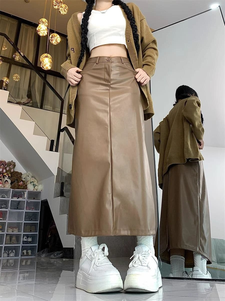 スリットスカート フェイクレザープリーツスカート