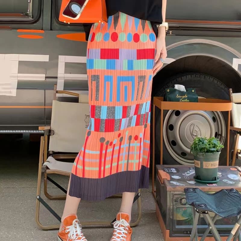 プリーツ加工 スカーフ柄 スリットスカート