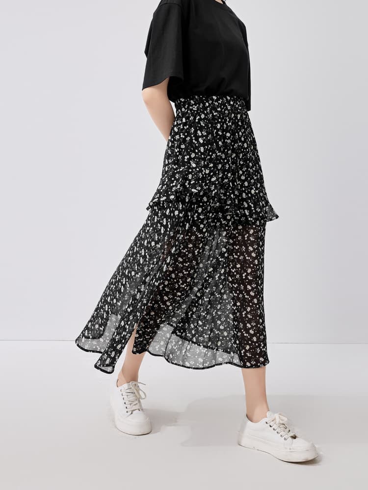 スリットスカート 花柄シフォン重ね層フレアロングスカート